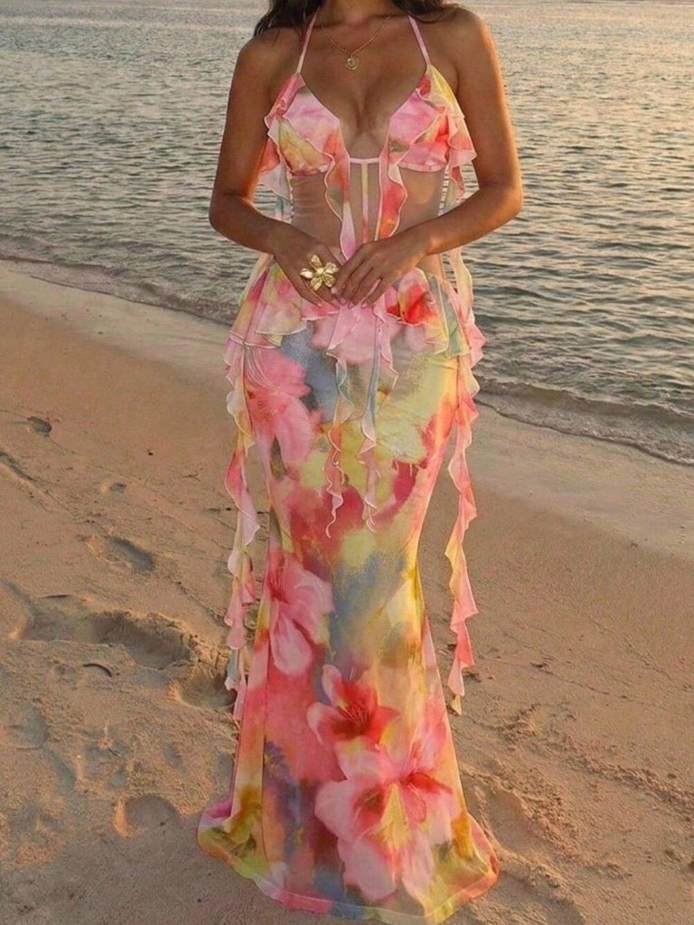 Watermelon Pink Sexy Boho Women's Backless Ruffle Halter Beach Dress - Picture 1 of 5